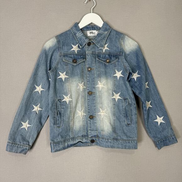 Lola + The Boys Jean Jacket Girls 14 Blue Star Leather Patched Denim Countrycore - Picture 1 of 13